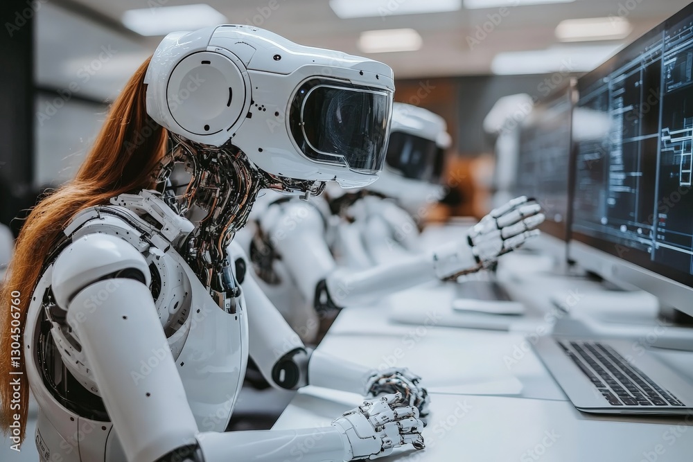 Aufkleber advanced robots engage in programming tasks in a modern workspace equipped with high-tech computer d