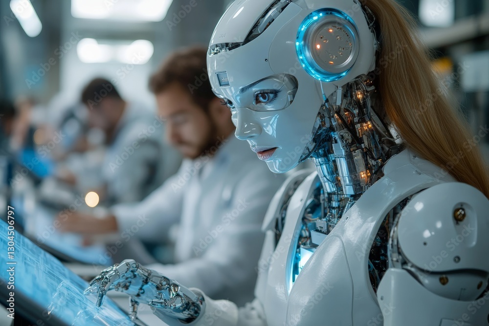 Aufkleber advanced humanoid robot interacts with touchscreen display in a high-tech laboratory environment