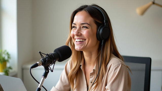 female podcaster interviews happy female guests radio show