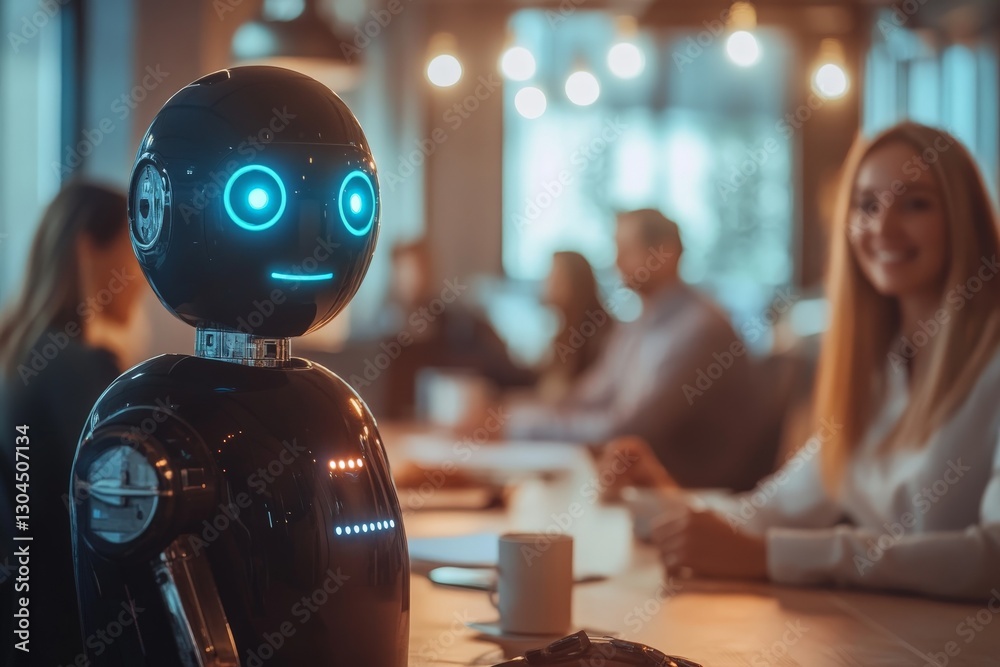 Fototapete collaboration between humans and robots in a modern office setting during a meeting