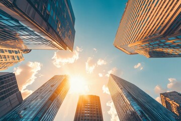 The city center features skyscrapers with a bright vivid sun glare and burned color effect that represents a hot weather concept