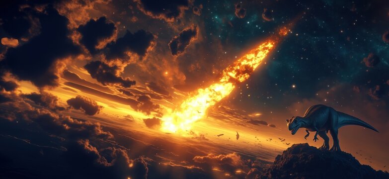 Dinosaur witnessing asteroid impact in dramatic cosmic landscape at sunset