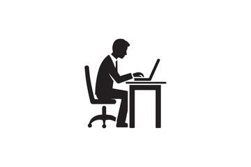 A man typing laptop on desk icon silhouette vector illustration in black and white, set against a white background