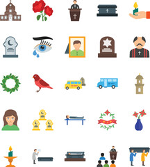 Set of 25 multicolor icons related to death and funeral. Multicolor icon collection. Editable stroke. Vector illustration