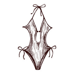Hand drawn sketch of one-piece swimsuit with cutouts and bows in monochrome vintage style