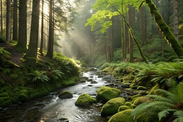 Obraz premium Serene Forest Stream with Mossy Landscape and Sunlit Trees