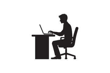 A man typing laptop on desk icon silhouette vector illustration in black and white, set against a white background