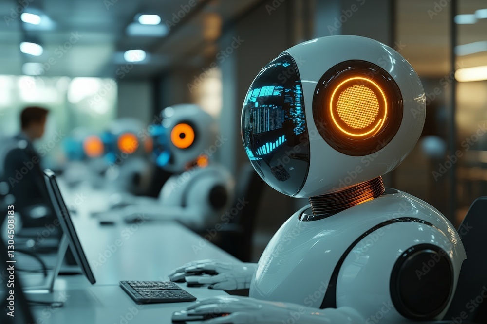 Fototapete robots perform tasks in a modern office space, showcasing advanced technology and design aesthetics 