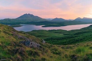 Fototapeta premium Panoramic sunset view of serene loch and mountains.