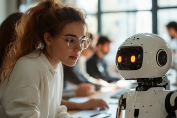 Woman interacts with a friendly robot in a modern workspace during a collaborative learning session