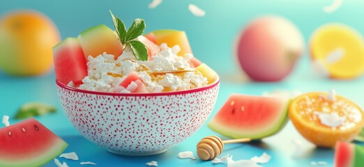 Obraz premium Fresh fruit salad with cottage cheese, honey, and mint on colorful background