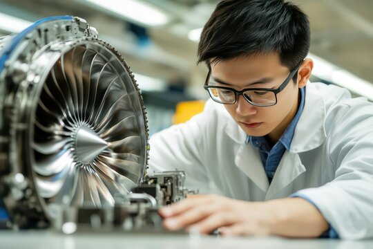 A young Asian aerospace engineer working on a jet engine model in a research lab.