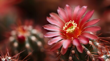 Red Cactus Featuring a Delicate Bloom in Focused Detail