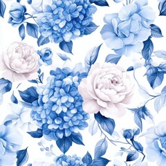 Seamless pattern with blue hydrangeas and roses.