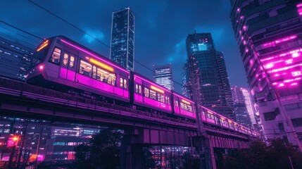 Neon Cityscape Train at Night: A Vibrant Urban Journey