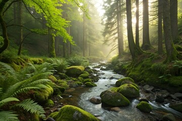 Obraz premium Serene Forest Stream with Mossy Landscape and Sunlit Trees