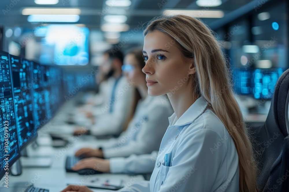 Aufkleber young woman focused on computer screens in a modern tech workspace during daytime