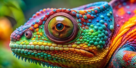 Fototapeta premium Vibrant chameleon showcasing intricate bumpy texture and captivating colors in a lush green environment wallpaper, background, ai texture macro