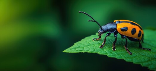 Fototapeta premium Colorful orange and black beetle perched on green leaf in natural habitat