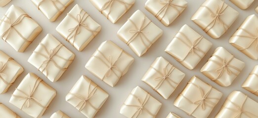 Elegant gift boxes arranged in a stylish pattern with golden ribbons