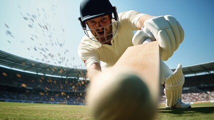 Focused man in white uniform, cricket player in motion with bat under blue sky, playing with stands filled with supporters