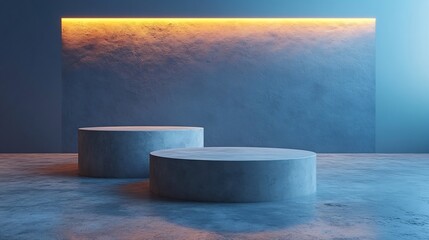 Cool blue light illuminates sleek stone podiums against textured wall. AI Generated