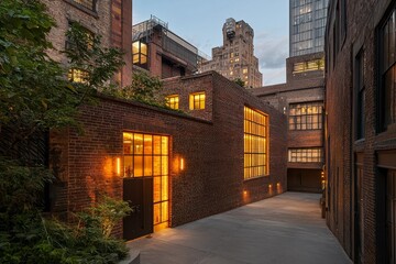 A brick building with large windows, designed in loft style, stands out in the old quarter, especially noticeable in the evening