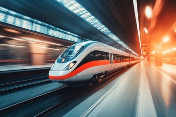 Fototapeta premium High-speed train departs from a modern station during the evening rush hour with blurred motion effect