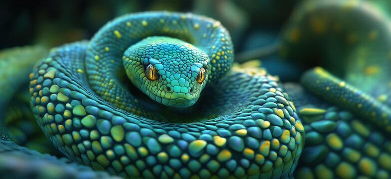 Vibrant green tree python coiled in intricate patterns showcasing stunning scales