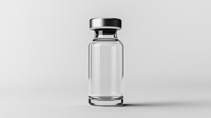 A realistic mockup of a clear plastic vaccine vial, ready for your brand is label, sits majestically against a pristine white backdrop, evoking trust and professionalism.