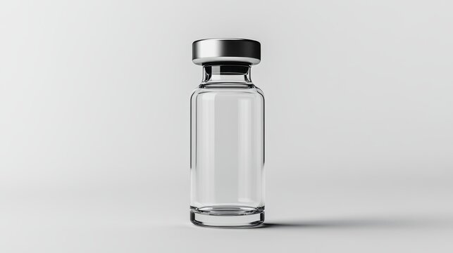 A realistic mockup of a clear plastic vaccine vial, ready for your brand is label, sits majestically against a pristine white backdrop, evoking trust and professionalism.