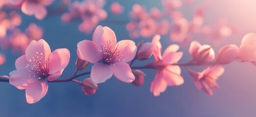 Beautiful pink cherry blossom flowers blooming on branch in soft light