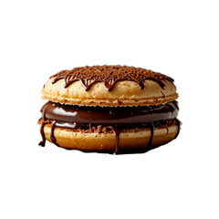 Traditional alfajor cookie with chocolate coating on a transparent background.