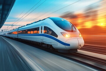 Naklejka premium High-speed train travels swiftly through urban landscape during sunset with vibrant colors in the sky