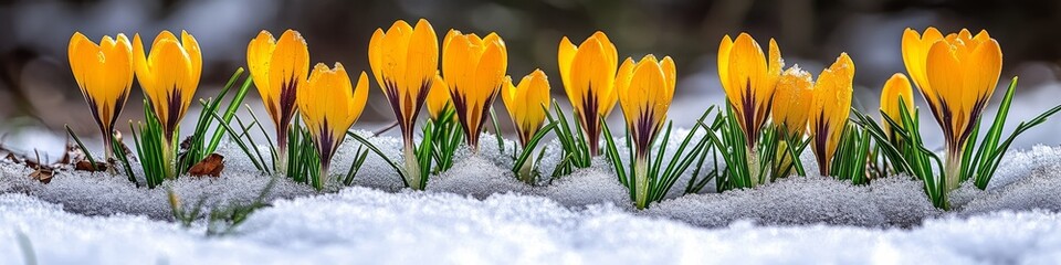 Vibrant Yellow Crocuses Defying the Winter, Pushing Through Fresh Snow in a Spring Garden