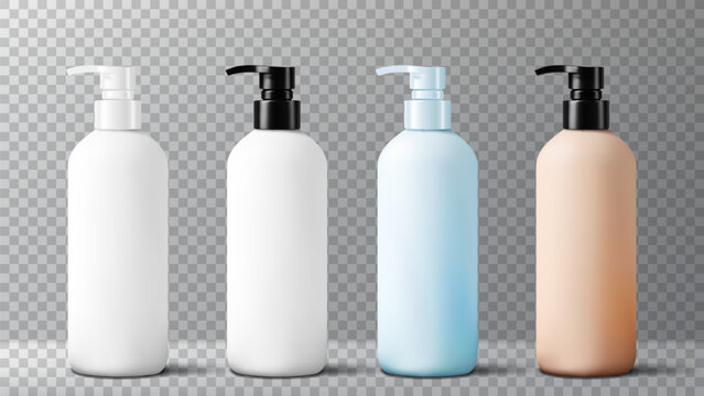 Set of realistic pump bottles. Vector mock up of shampoo, cream, body lotion, liquid gel or soap pump bottles. 3d bathroom cosmetic bottles isolated on checkered background.