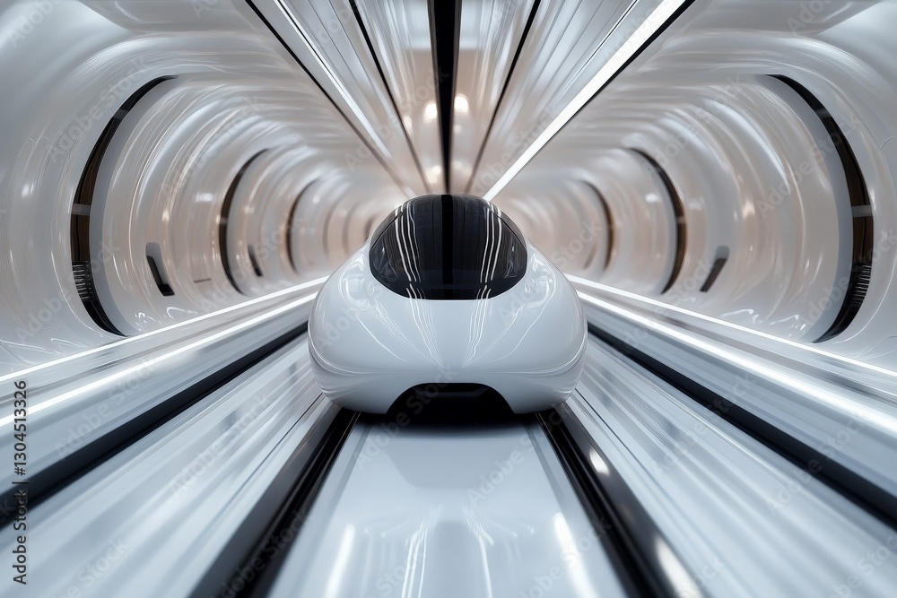 Poster futuristic transportation pod gliding through an advanced hyperloop tunnel in a sleek, modern design