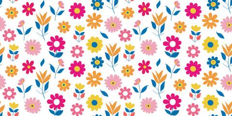 Delicate and minimalistic fashionable floral seamless pattern in soft bright pastel colors, with elegant leaves and flowers, white isolated background textiles, wallpapers and design