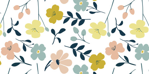 Delicate and Minimalist Floral Pattern with Soft Pastel Colors, Featuring Elegant Leaves and Blossoms, Perfect for Textiles, Wallpapers, and Design