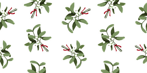 Seamless Christmas and New Year pattern featuring mistletoe sprigs with white berries and red ribbon on a festive white background, symbolizing holiday traditions