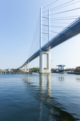 Strelasund crossing – Rügenbrücke motorway bridge and old drawbridge on Rügen Causeway
