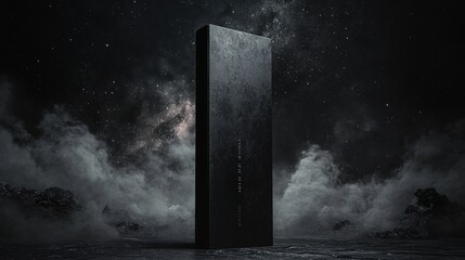 A sleek, black and white mock-up of a book cover, its spine featuring an embossed title and a minimalist design that hints at the story within, set against a dramatic backdrop of a starry night sky.