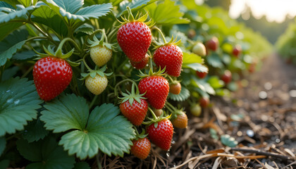 strawberry bushes with berries at different stages of maturity. Bright red and green berries, green leaves and drops of water create a fresh summer atmosphere, reminiscent of a garden harvest.