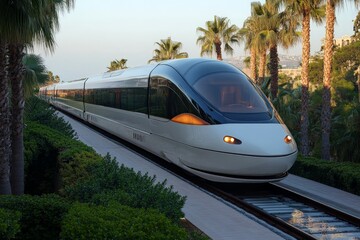 Naklejka premium Modern train gliding through a lush landscape in bright sunlight near a palm tree-lined track
