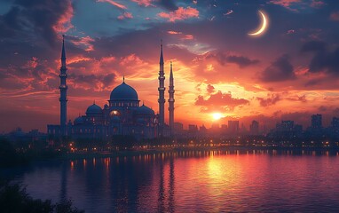 Fototapeta premium Silhouette of a Grand Mosque at Sunset with Crescent Moon