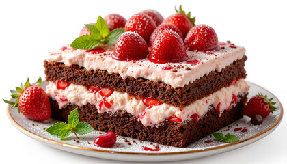 cake, cheesecake with strawberries on a white plate with a golden border. Sponge cake layers, cream, strawberry slices, powdered sugar and fresh mint create the perfect dessert. on a white background