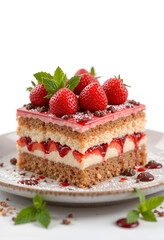 cake, cheesecake with strawberries on a white plate with a golden border. Sponge cake layers, cream, strawberry slices, powdered sugar and fresh mint create the perfect dessert. on a white background