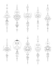 Set of Mystic Lotus Sacred Geometry Unalome Boho Tattoo Design Collection. Vector isolated buddhist line hand drawn symbol