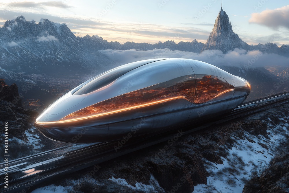 Poster futuristic spacecraft resting by a mountain landscape during twilight in a conceptual art setting