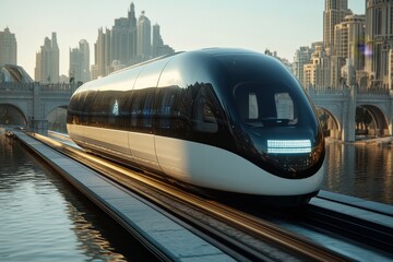 Naklejka premium Modern train travels along a futuristic rail in a vibrant urban setting by the water at sunset